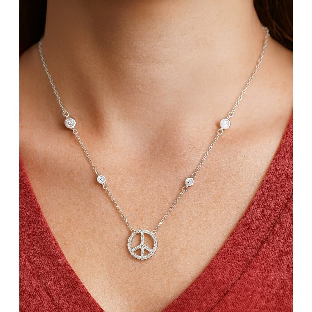 Peace Sign Sterling Silver necklace with cubic zirconia stations 16-18 In